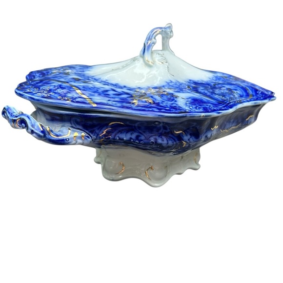 RARE Wood & Sons Antique Flow Blue "Lakewood" Footed Covered Dish 1891-1907 - Picture 8 of 13